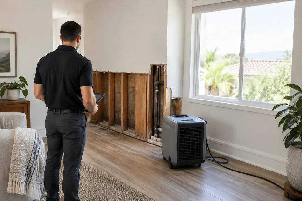 Generated illustration of a technician assessing a room with opened drywall and a dehumidifier in a Southern California home