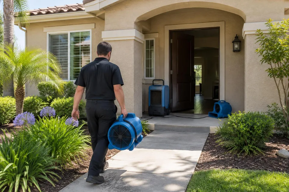 Generated illustration of a technician carrying drying equipment toward a stucco Southern California home