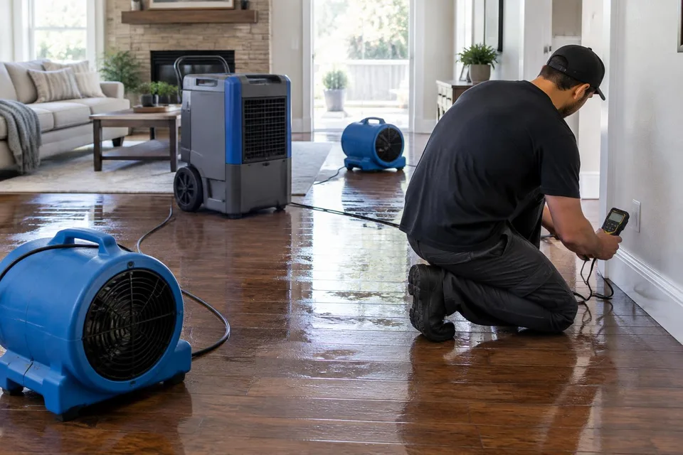 Generated illustration of a technician using a moisture meter beside drying equipment in a Southern California home