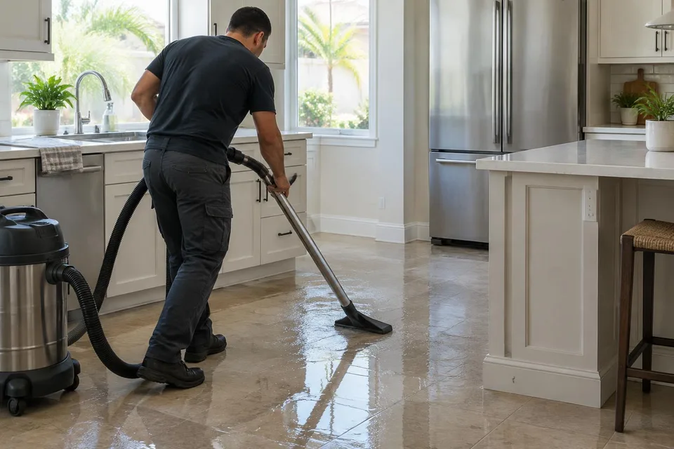 Generated illustration of a technician extracting water from a tiled kitchen floor in a Southern California home