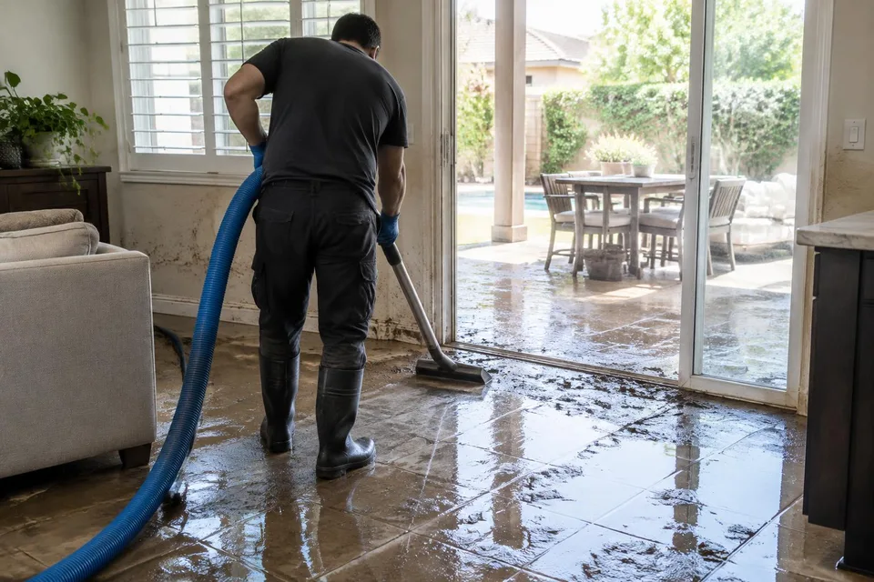 Generated illustration of a technician removing muddy water near a patio doorway in a Southern California home