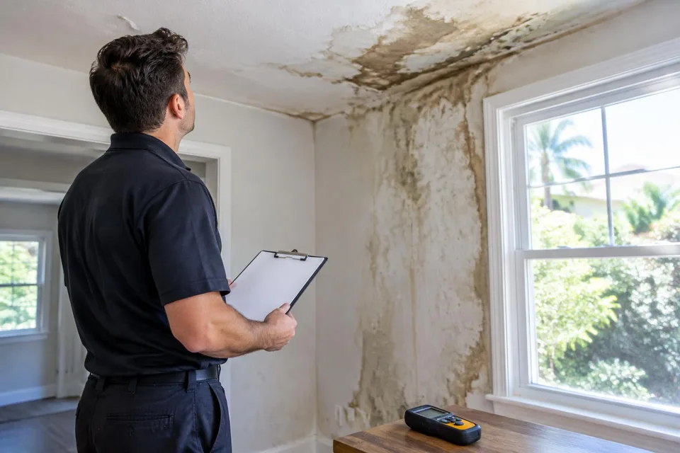 Generated illustration of a technician documenting ceiling and wall water stains in a Southern California home