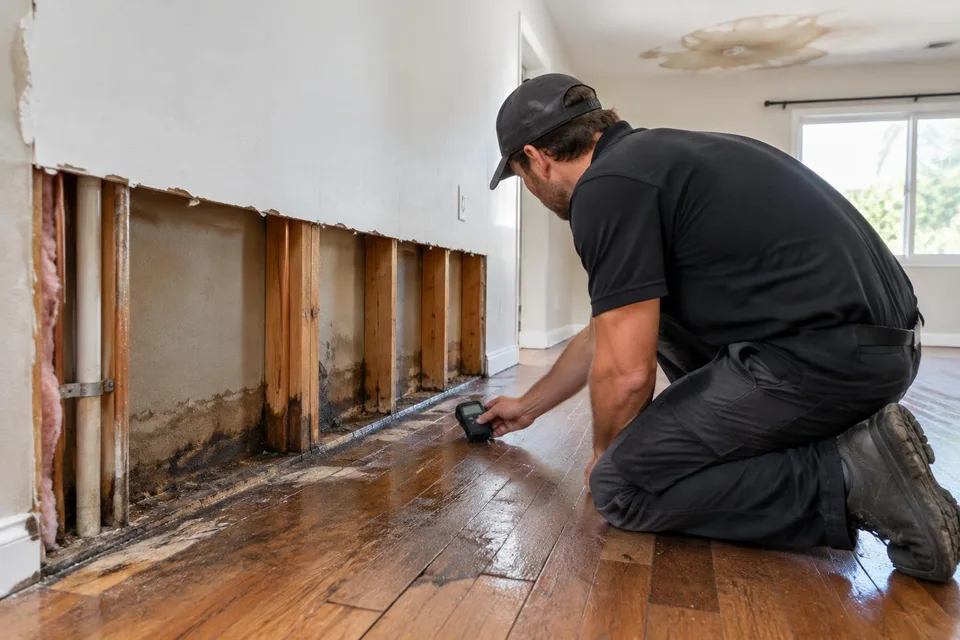Generated illustration of a technician measuring moisture beside damaged drywall and hardwood in a Southern California home