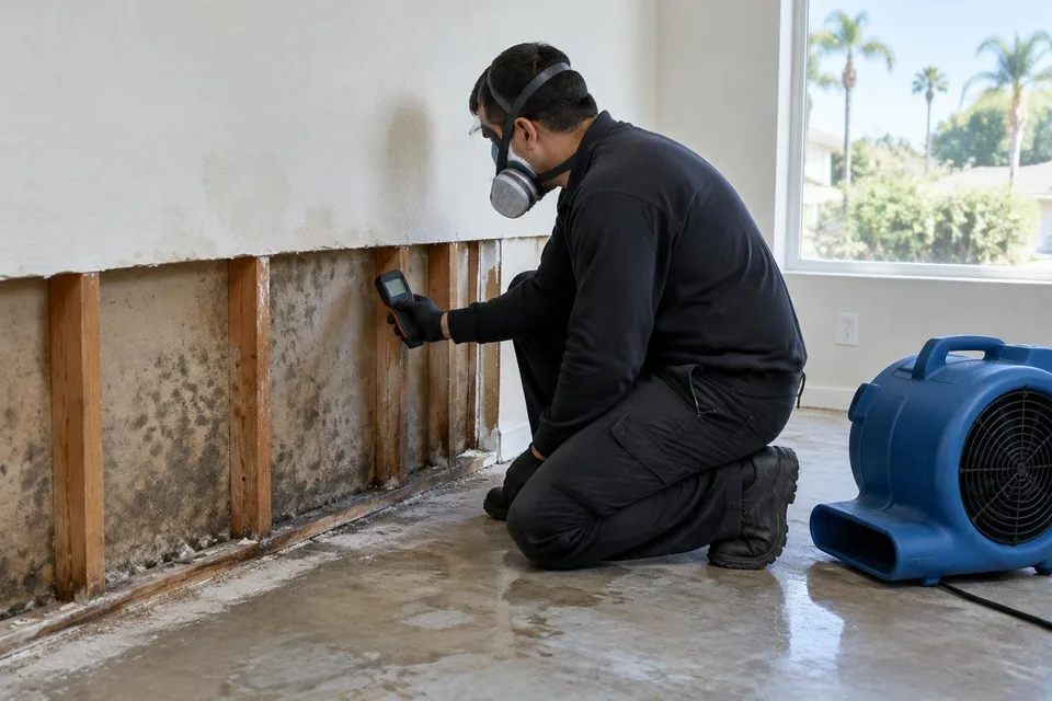 Generated illustration of a technician with protective equipment assessing damp opened drywall in a Southern California home