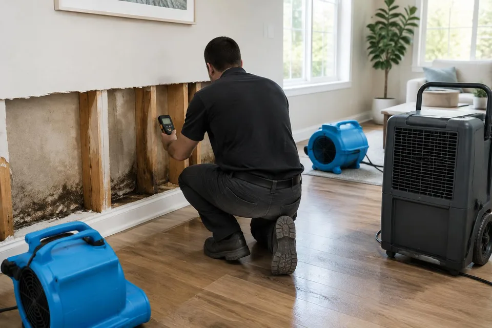 Generated illustration of a technician assessing opened drywall with drying equipment in a Southern California home