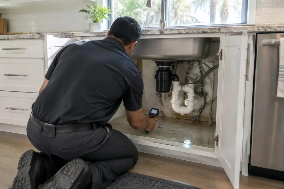 Generated illustration of a technician inspecting moisture under kitchen sink plumbing in a Southern California home